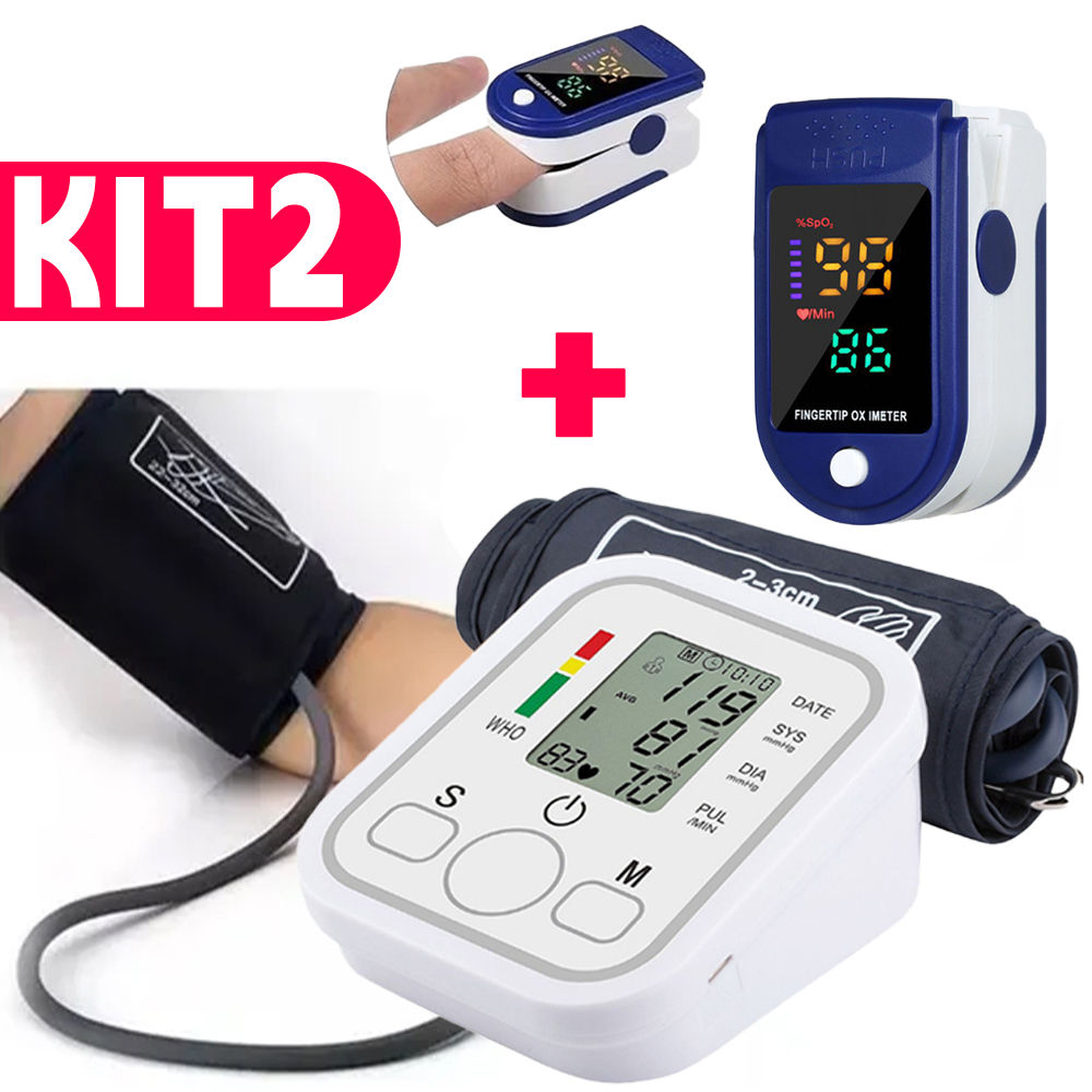Kit Saúde Familiar: Aparelho de Pressão Digital de Braço + Oxímetro de Dedo