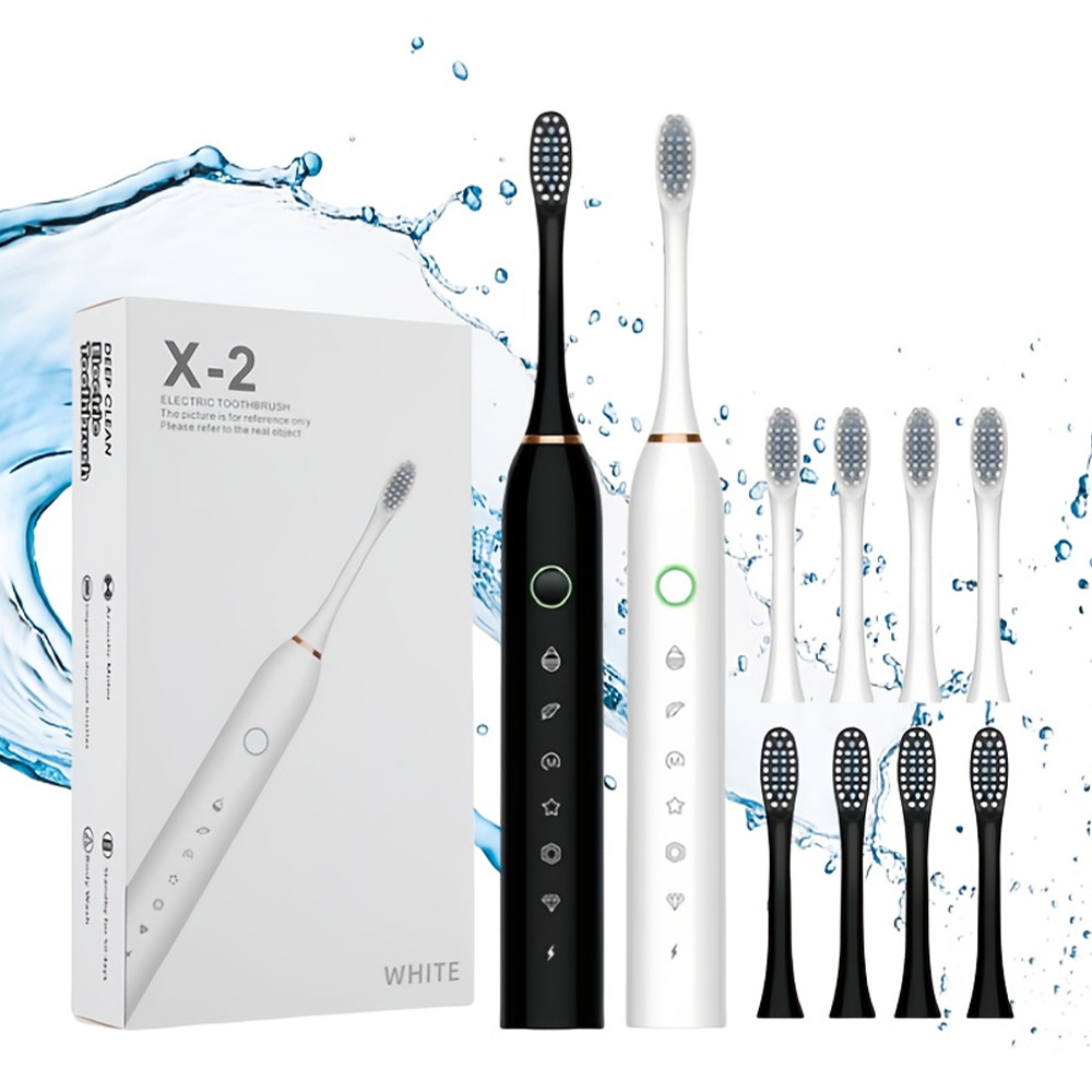 Escova Elétrica Ultrassônica Recarregável Silenciosa + 4 Cabeças para Viagem