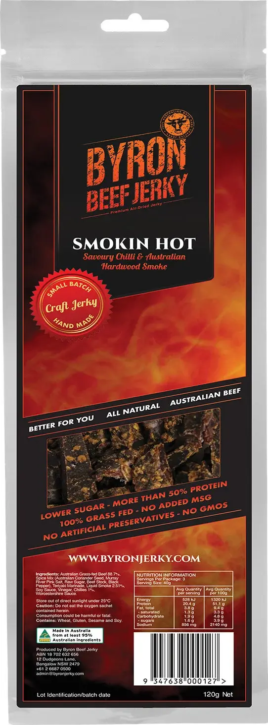 Byron Beef Jerky packaging features "Smokin Hot" flavor with details about craft, batch, and ingredients. Contains 120g of product, with website url and nutritional info on the back.