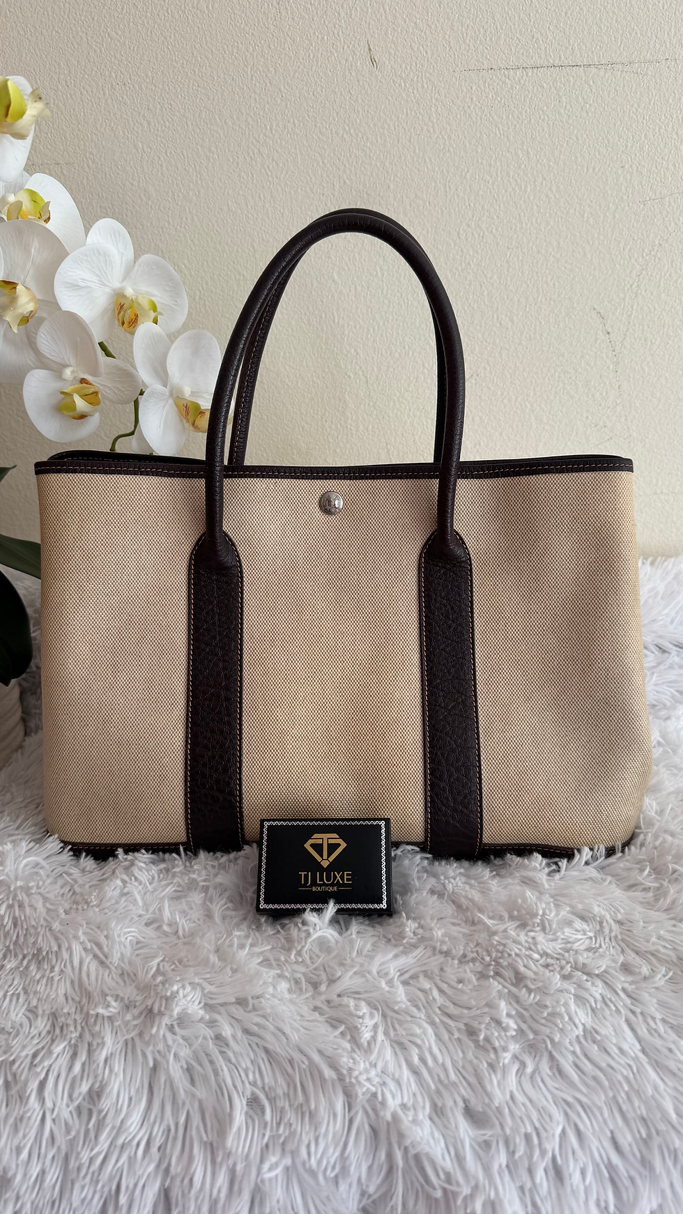 Hermes Toile Negonda Garden Party 36 MM Tote Dark Brown Leather Trim and Twilly