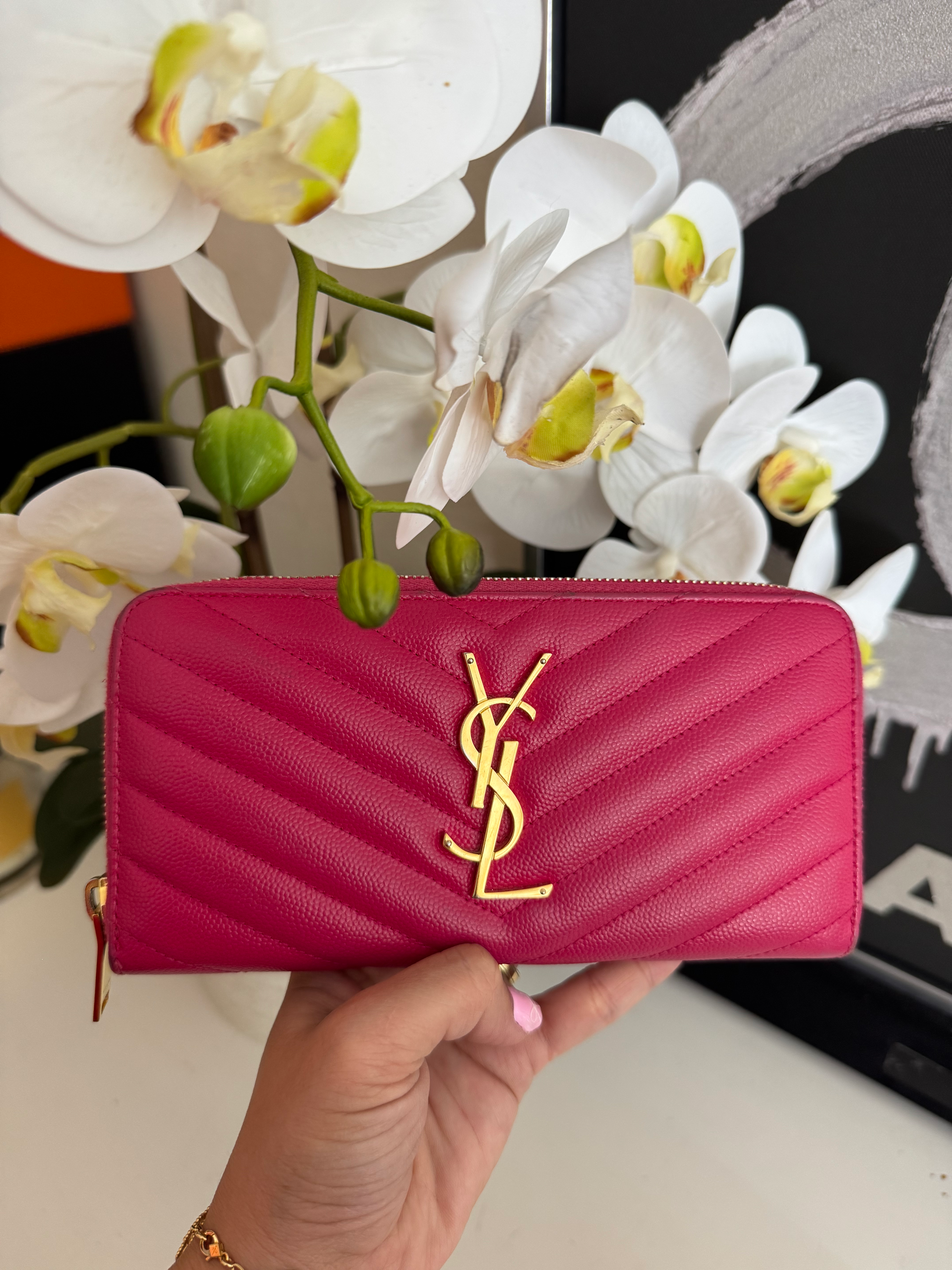 YSL Pink Caviar Leather Zippy Long Wallet GHW
