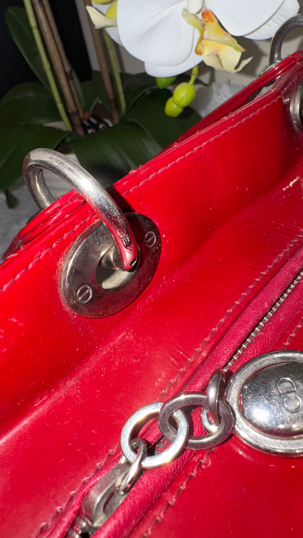 Thumbnail: Chistian Dior Lady Dior Red Patent Leather Large SHW Handbag