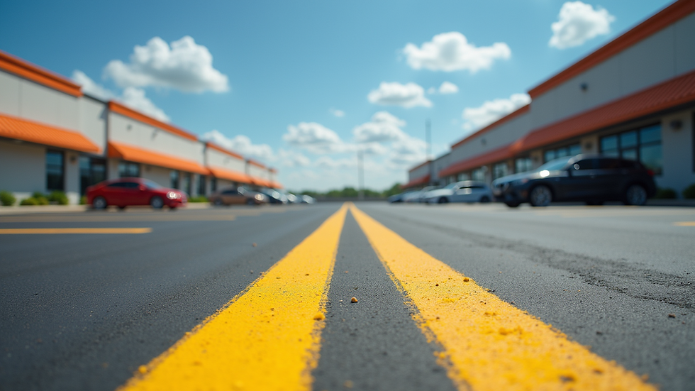 Eye-level view of freshly painted parking lot lines in a commercial area