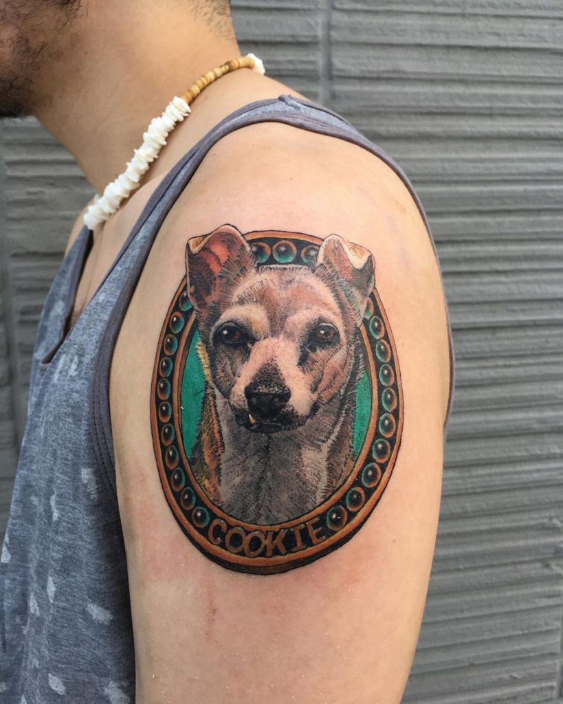 Tattoo design of a pet portrait by Suzanne Shifflett.