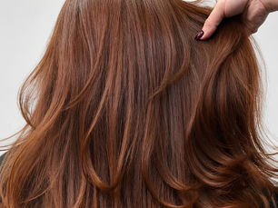 Cabelo castanho-avermelhado longo visto de trás, com uma mão levantando as mechas em fundo branco.