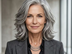 Mulher de cabelos grisalhos sorri em retrato de escritório, com blazer cinza e blusa preta, fundo claro e elegante.