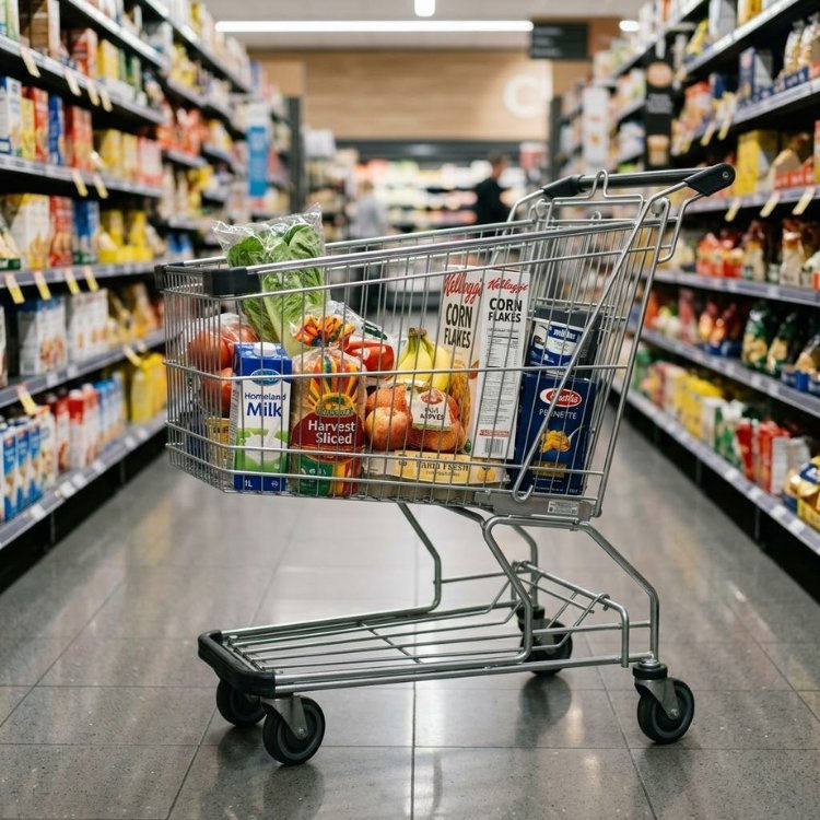 Carrinho de supermercado cheio de frutas, leite e Kellogg's Corn Flakes em corredor de loja, com prateleiras ao fundo.