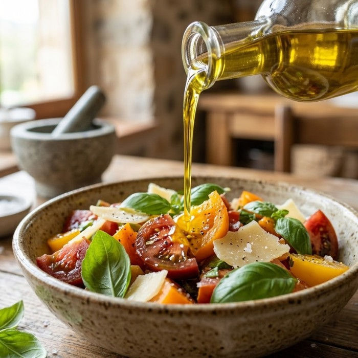 Salada colorida de tomates e manjericão em tigela rústica. Azeite sendo derramado. Ambiente aconchegante de cozinha ao fundo.