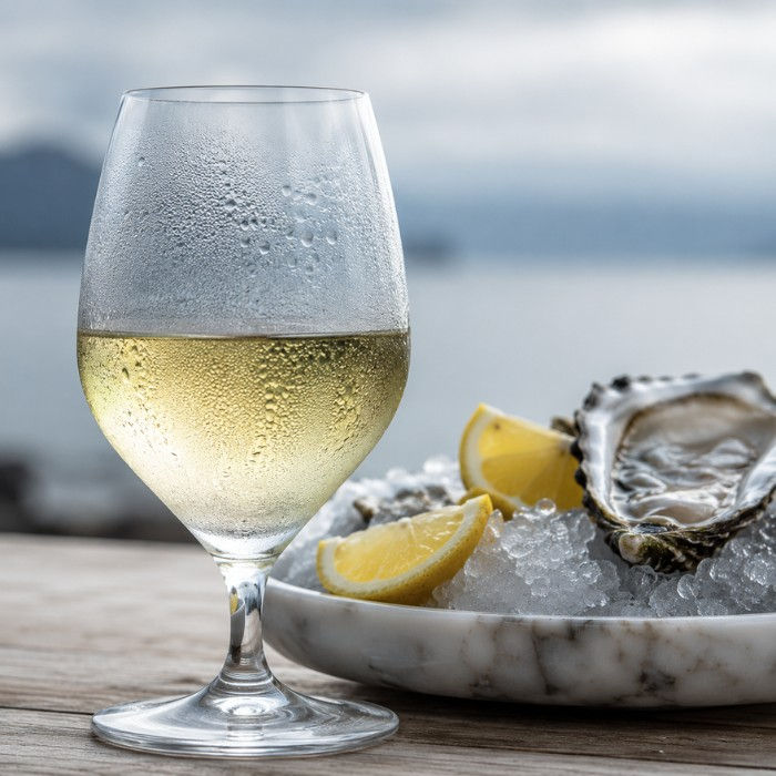 Taça de vinho branco suada e ostras sobre gelo com limões em mesa de madeira, cenário de mar desfocado ao fundo, clima tranquilo.