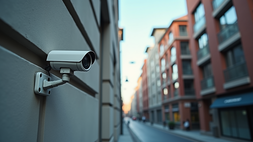 Eye-level view of a security camera mounted on a building exterior