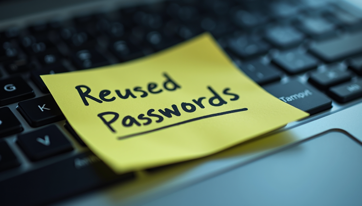 Close-up view of a computer keyboard with a sticky note showing reused passwords