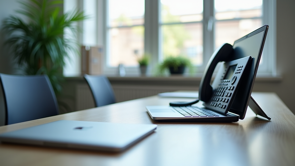 Eye-level view of a modern office desk with a VoIP phone and laptop