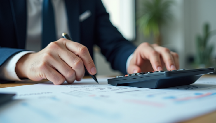 Close-up view of a business owner reviewing compliance documents with a calculator