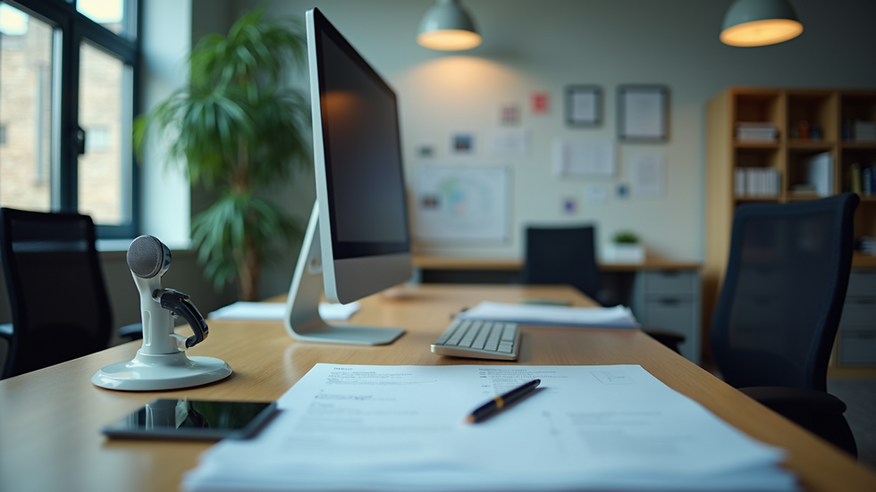 Eye-level view of a small office workspace with a computer and security documents