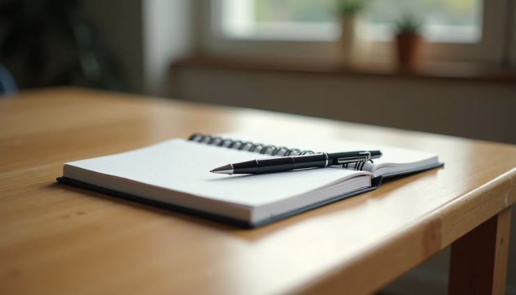 Eye-level view of a locked notebook and pen on a wooden table