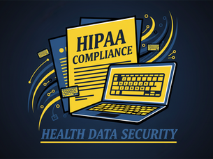 Eye-level view of office desk with HIPAA compliance documents and laptop