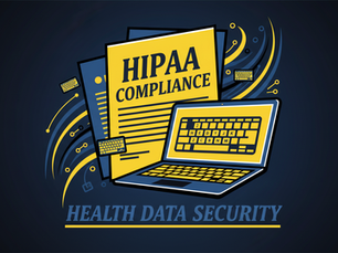 Eye-level view of office desk with HIPAA compliance documents and laptop