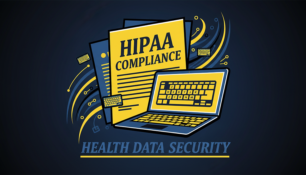 Eye-level view of office desk with HIPAA compliance documents and laptop