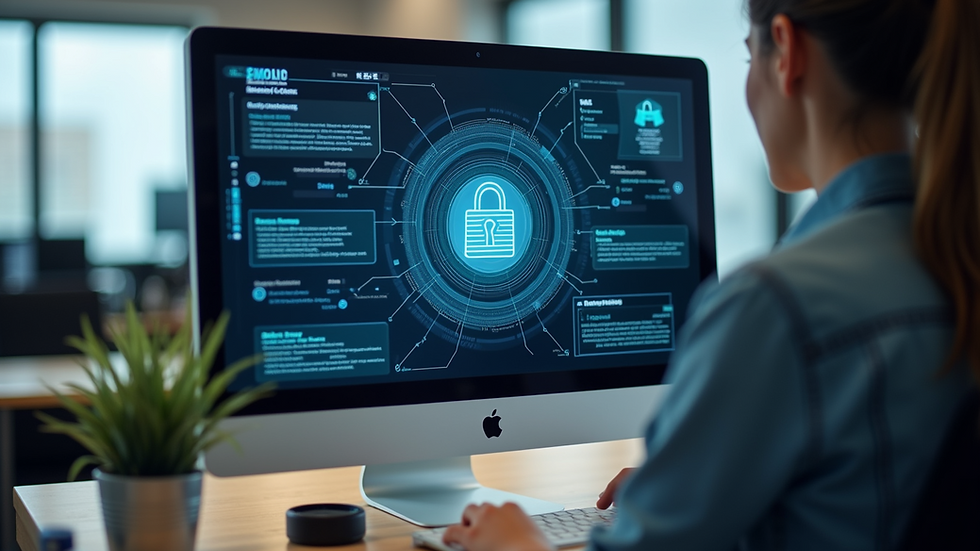 Eye-level view of a business office with a computer displaying security software