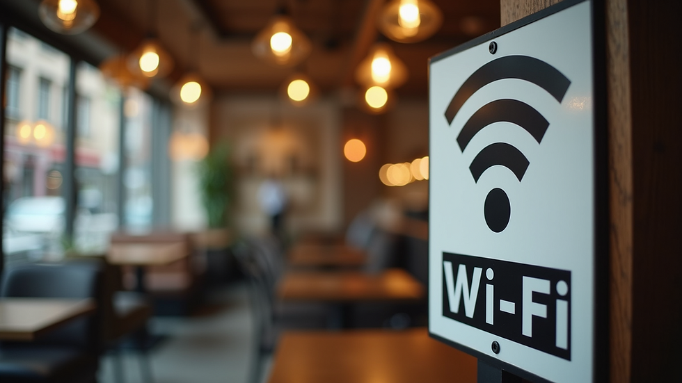 Close-up view of a public Wi-Fi sign in a cafe