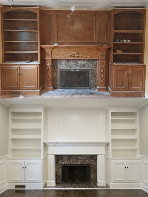 Fireplace, cabinetry, and shelving remolded and painted in white