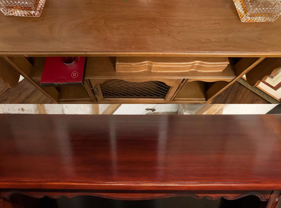 Before and after of refinishing and restoring an antique tea car. Changing the stain from lighter to darker. 