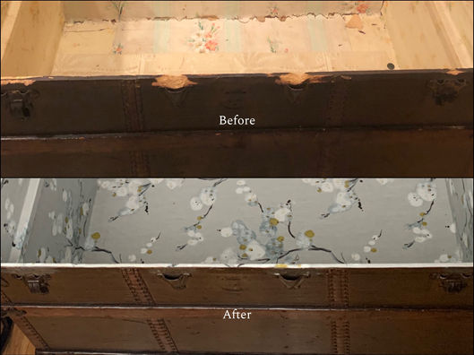 The chipped edges of an antique trunk filled and fixed and inside relined with new wallpaper.  