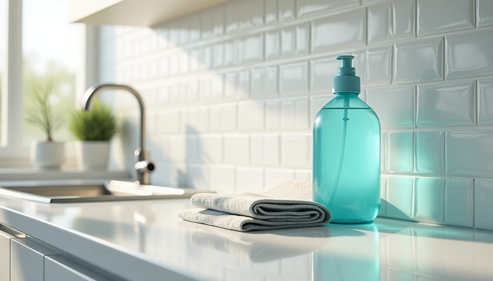 A clean kitchen countertop with a cleaning towel and liquid
