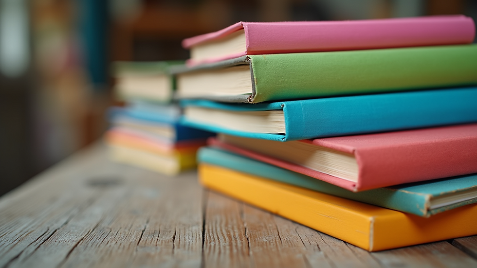 Close-up view of colorful storybooks stacked neatly