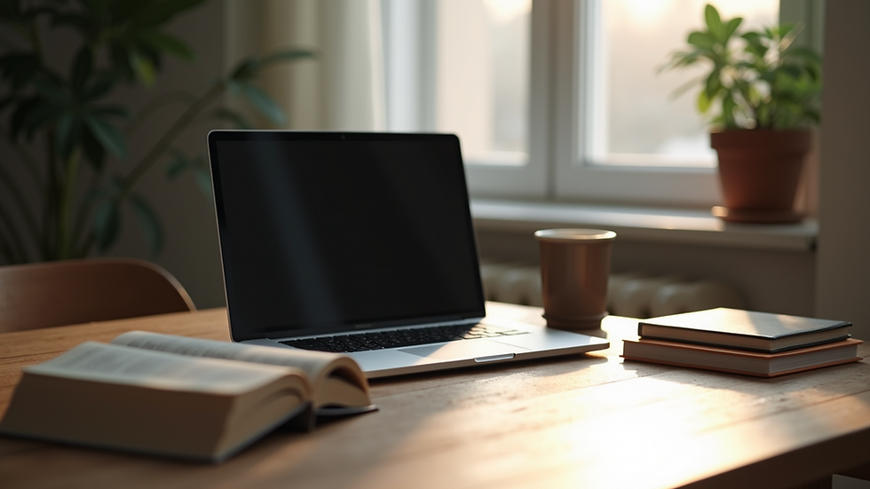 Wide angle view of a laptop and books on a table
