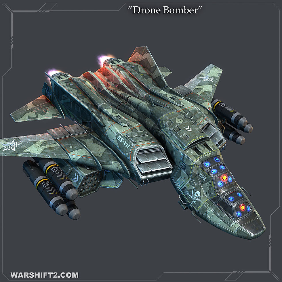 Sci-fi Drone Bomber aircraft on dark gray background, with glowing engines, weapon pods, and WARSHIFT2.COM text.