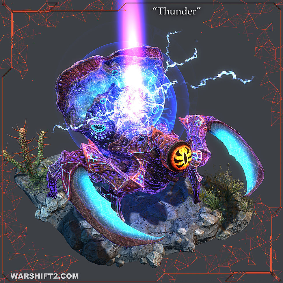 Sci-fi alien crab on rocky platform blasted by a pink lightning beam, with text Thunder and WARSHIFT2.COM.