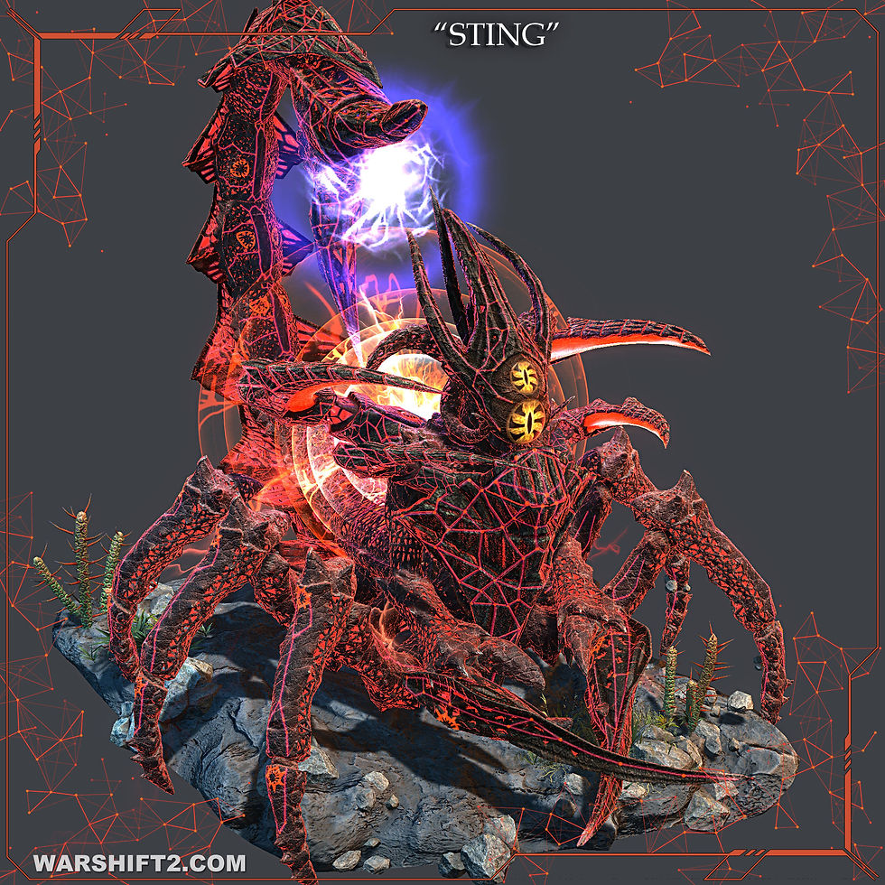 Spider-like alien creature emits blue and orange energy on a rocky platform; STING and WARSHIFT2.COM text visible.