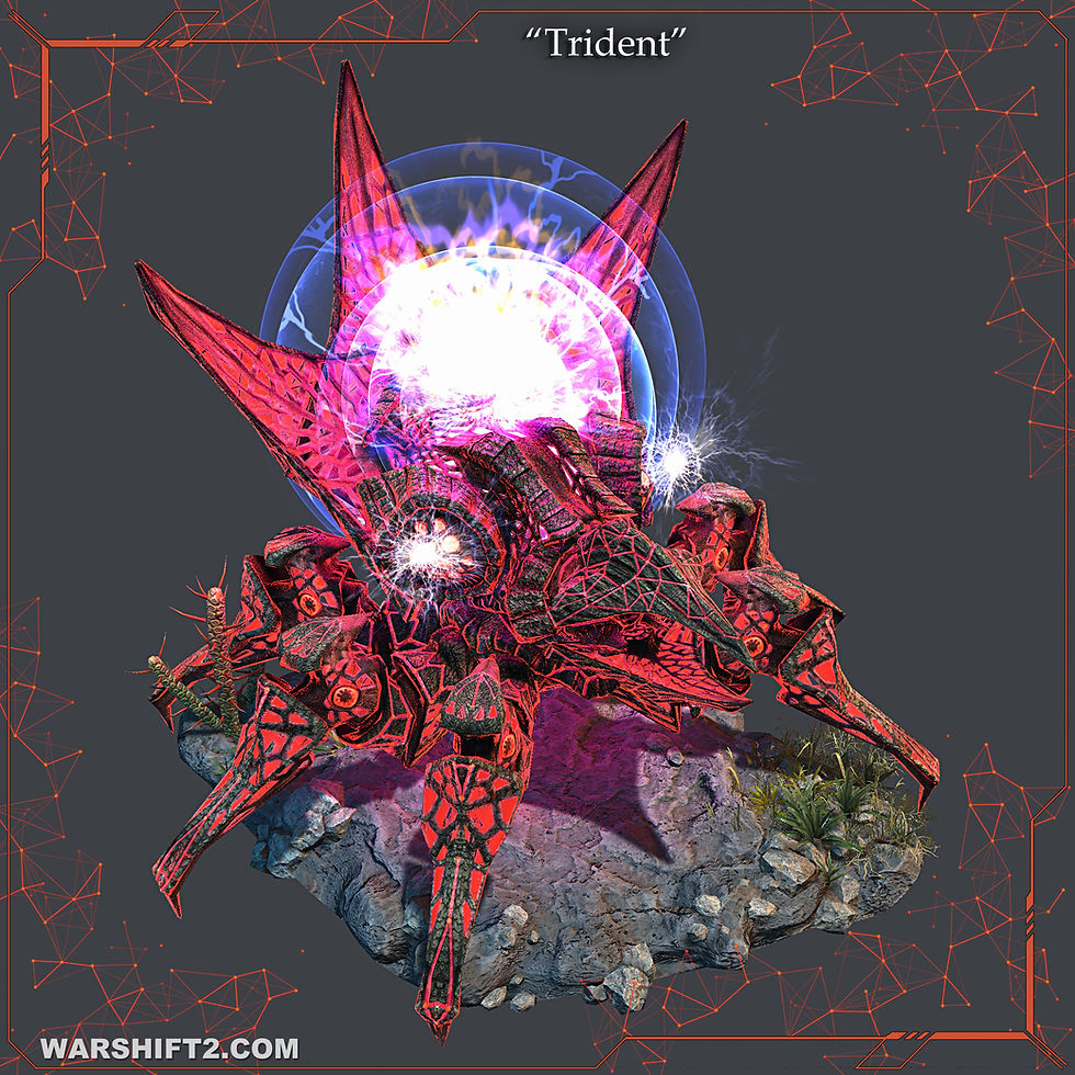 Sci-fi red spiked alien structure on a rock, glowing white core and blue aura; titled Trident, with WARSHIFT2.COM on dark background.