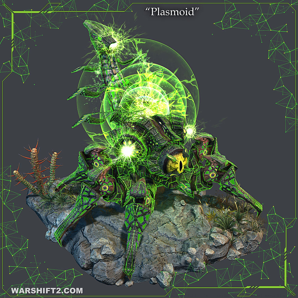 Neon green sci-fi creature labeled Plasmoid on a rocky base, glowing with energy against a dark gray tech frame; WARSHIFT2.COM text