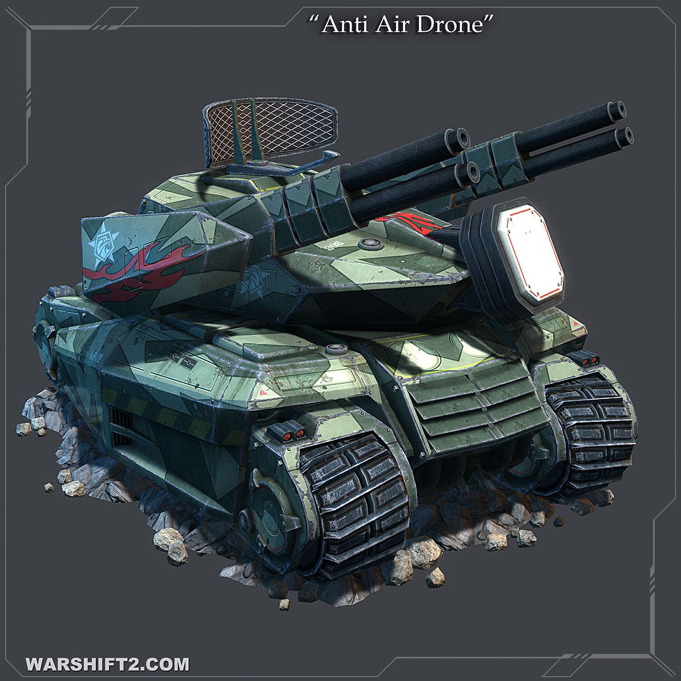 Camouflaged anti-air drone tank with twin cannons on a rocky base, labeled Anti Air Drone, against a gray background.