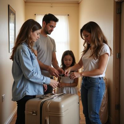 Family standing in a hallway preparing a suitcase together