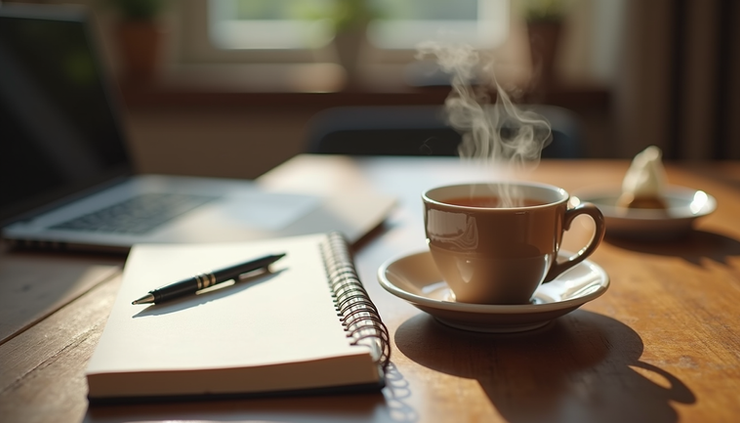 Eye-level view of a calm workspace with a notebook and pen beside a steaming cup of tea