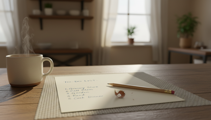 Eye-level view of a quiet kitchen table with a handwritten list and a pencil in soft afternoon light