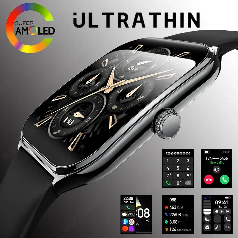New Ultra Thin Smart Watch Men 1.96' AMOLED HD Pixel Display Always Show Time BT