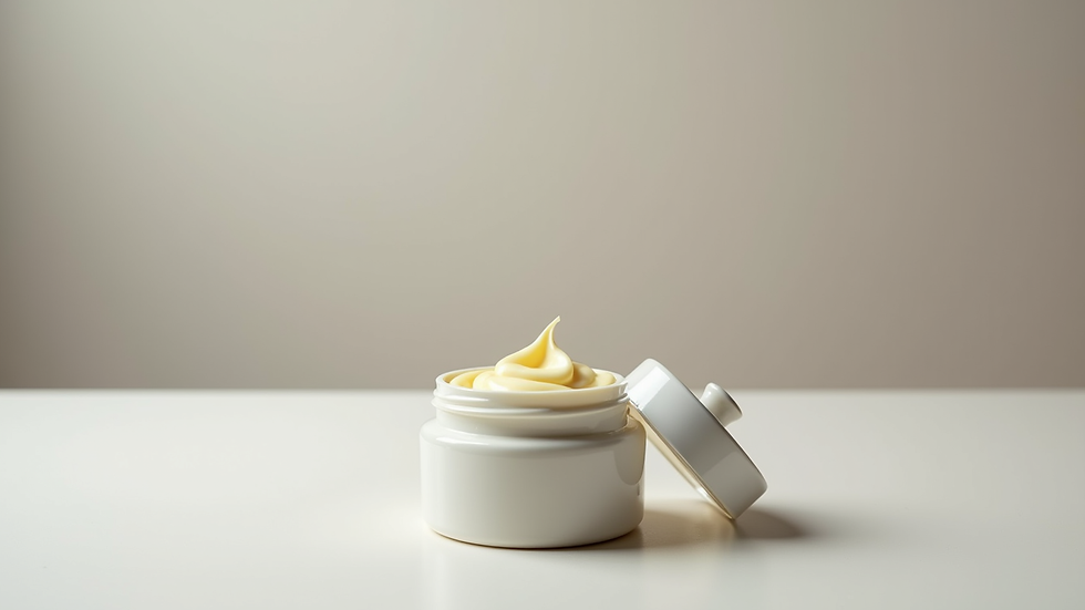 Vue en plongée d’un pot de crème anti-âge ouvert sur une table blanche