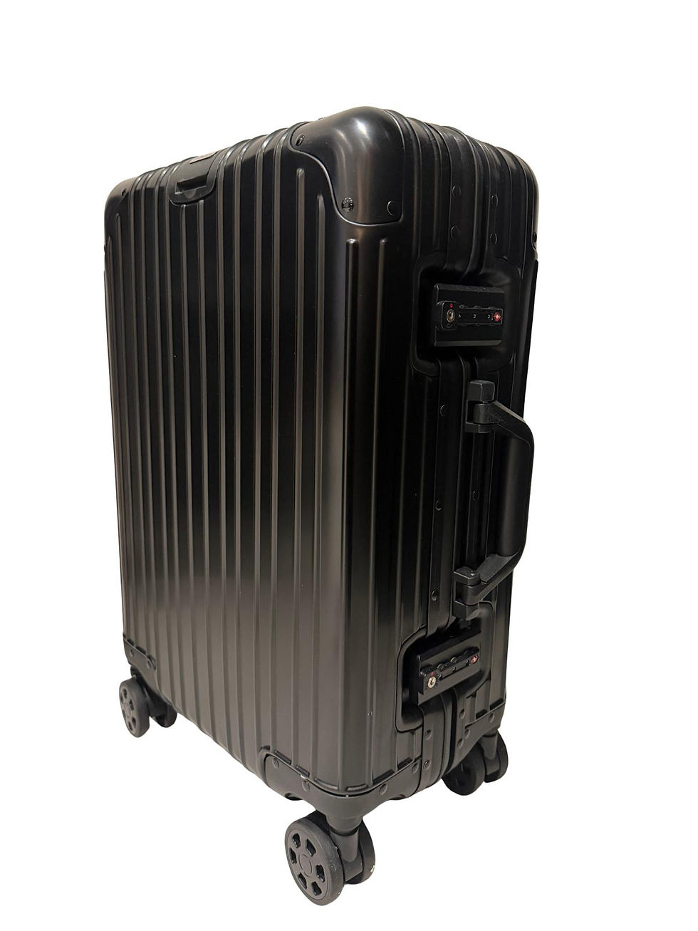 Thumbnail: Luxury aluminium carry on luggage side angle showing structured frame and spinner wheels