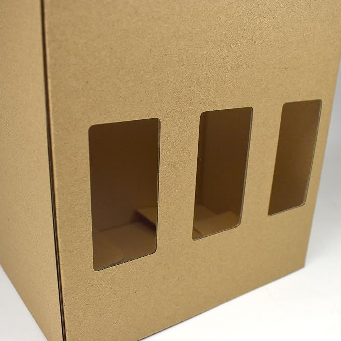 Thumbnail: A brown cardboard box with three rectangular cut out windows designed to carry six 500ml beer bottles