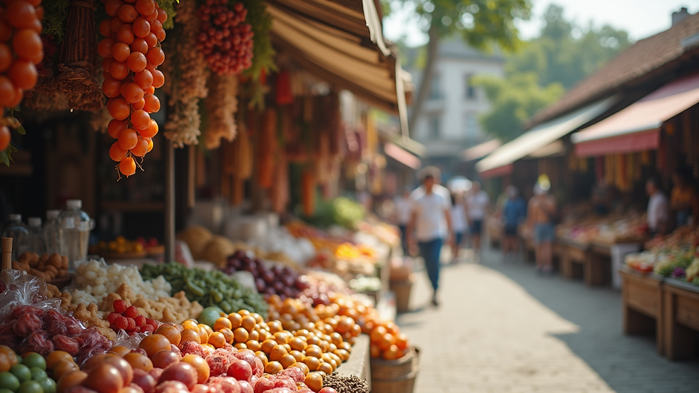 Eye-level view of a vibrant outdoor market showcasing various lifestyle products
