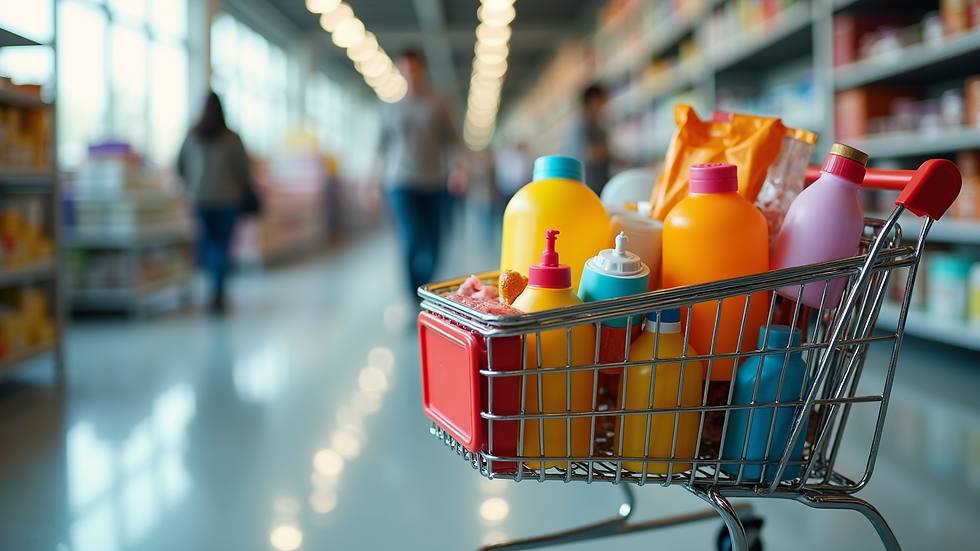 Close-up view of an online shopping cart filled with colorful products
