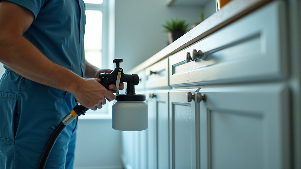 Close-up view of a paint sprayer application on cabinets