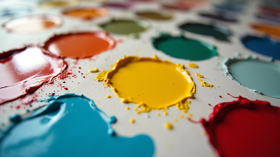 High angle view of a variety of paint colors and samples