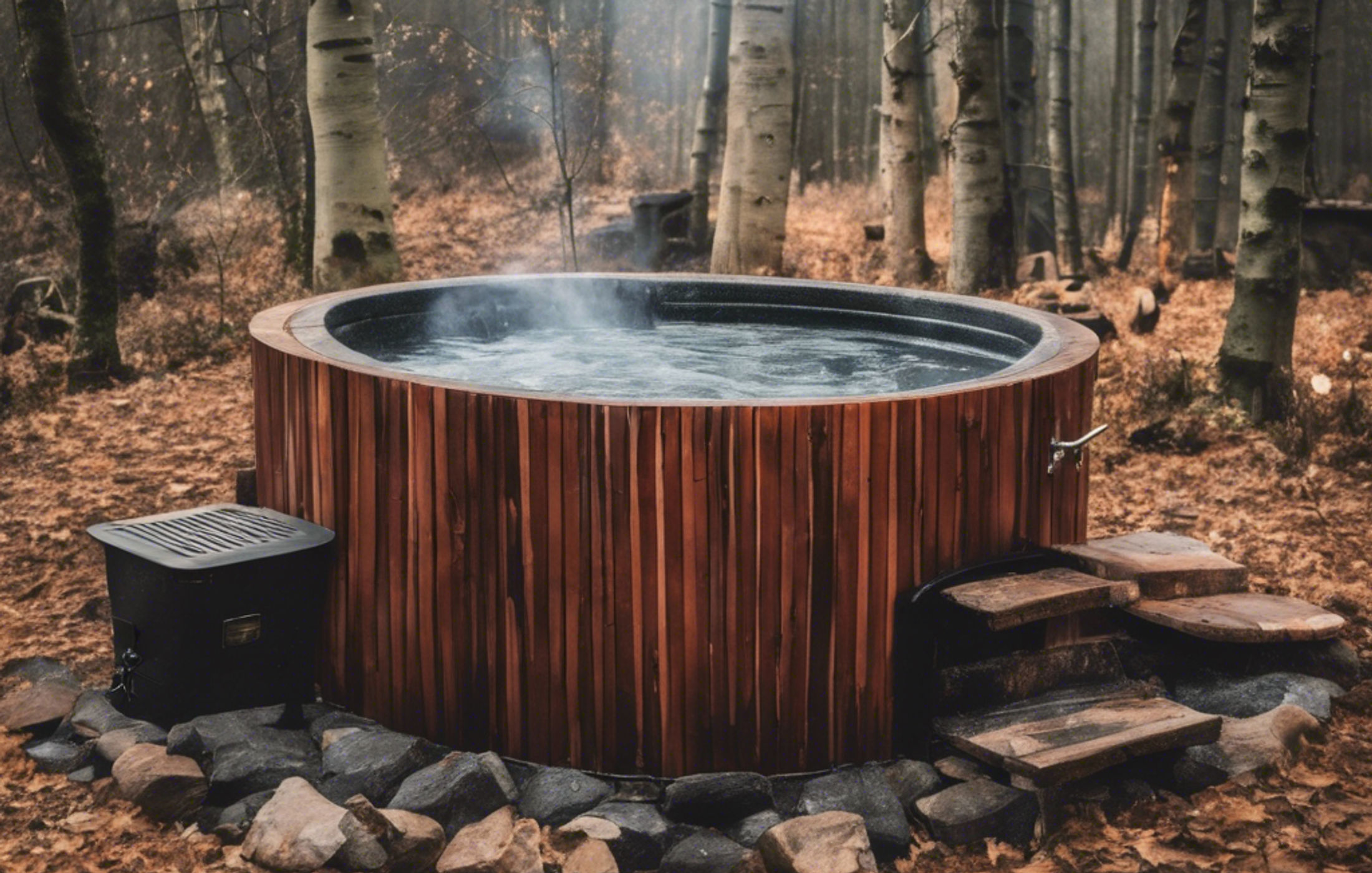 Wood fired hot tub in woodland
