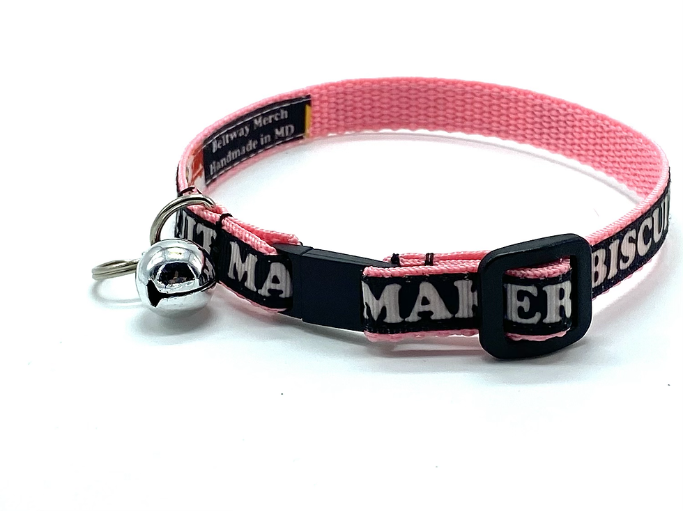 Thumbnail: Cat collar that says Biscuit Maker with pink webbing- full view