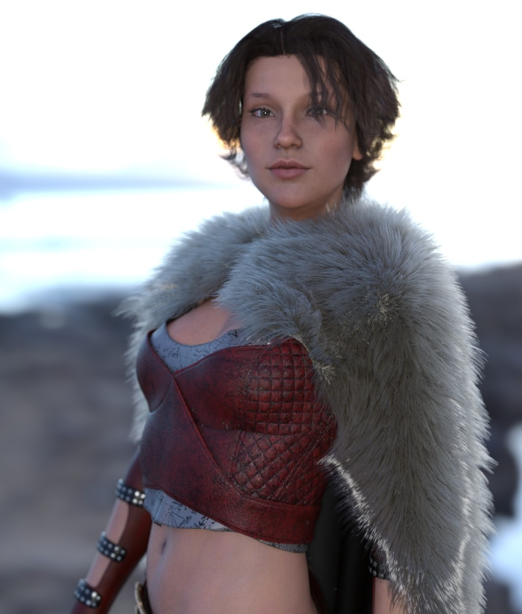 Image shows woman wearing the Classic Cape Animal Skins Textures from Moonscape Graphics from Daz3D.